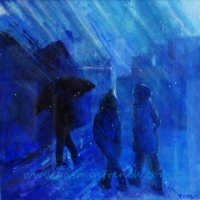 Walking in the Rain - Painted in 2013. Acrylics, framed. Art