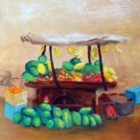 Painted in 2011. Acrylics, framed. SOLD. Fruitseller